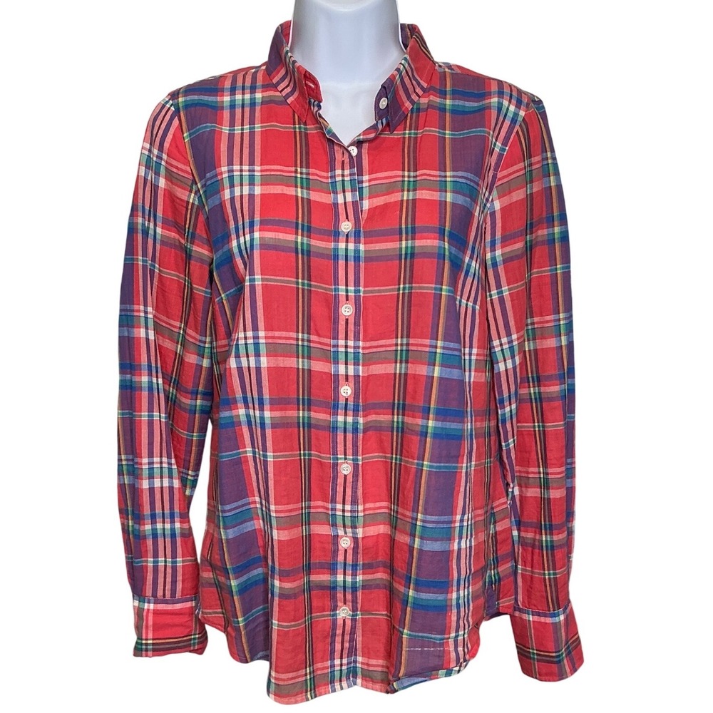 J Crew Perfect Womens Plaid Button Down Shirt Sz 4 Red Blue Preppy Ivy League
